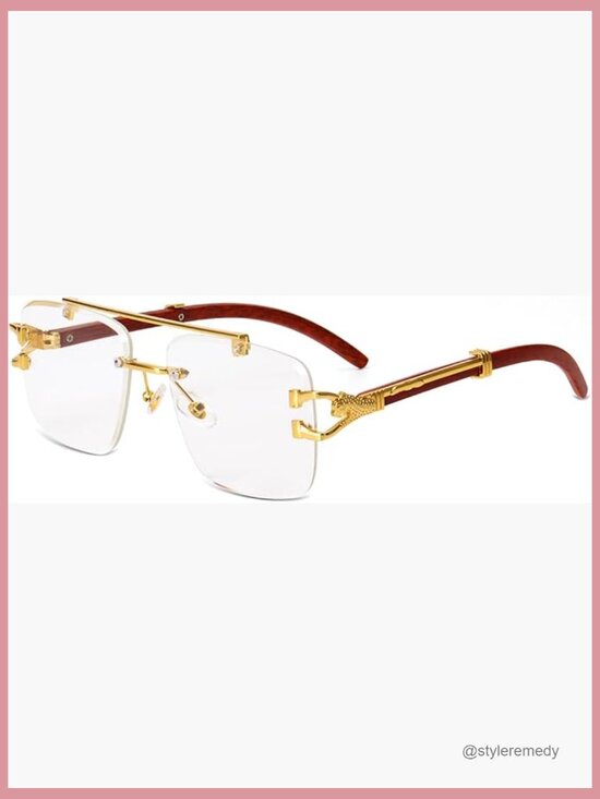 Rimless Rectangle Sunglasses with Wooden Arms and Leopard Pattern main image 4